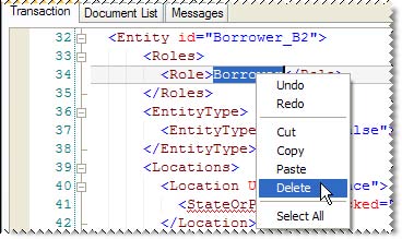 Context menu for the Document window's Transaction tab