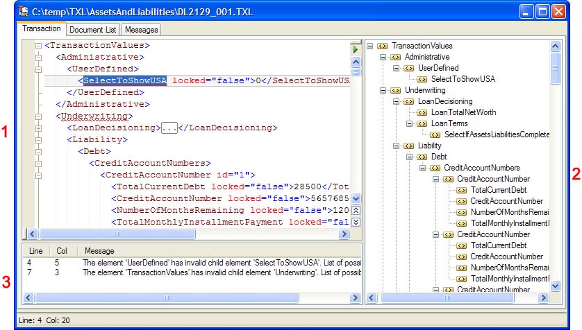 1. Edit pane 2. Navigation pane 3. Error pane